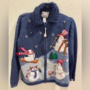 Heirloom Collectibles vintage blue zip cardigan sweater with snowmen